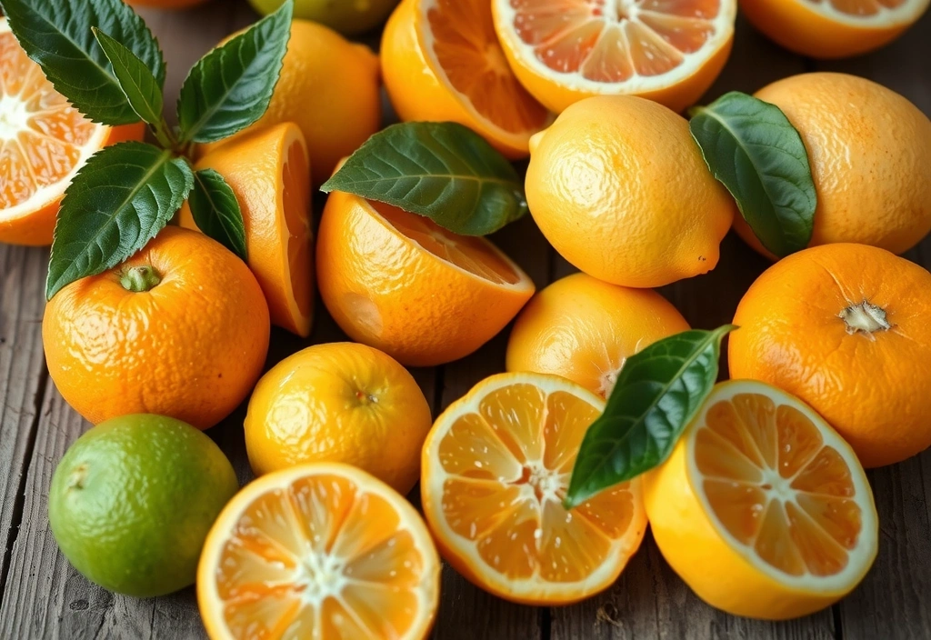 Gros plan sur des agrumes frais, riches en vitamine C, posés sur une table en bois.