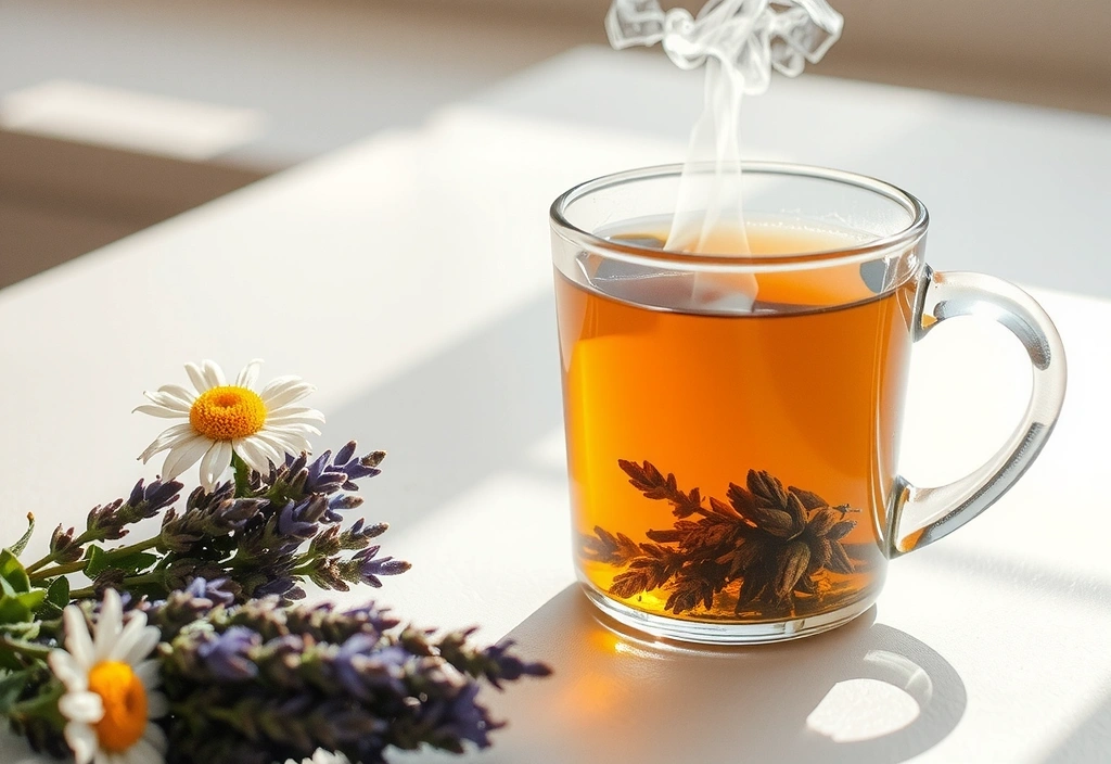 Une tasse de thé apaisante avec des herbes relaxantes et une lumière douce, symbolisant la gestion du stress.