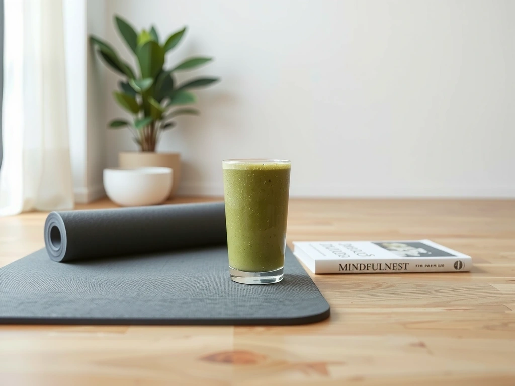 Image représentant un mode de vie équilibré avec des aliments sains, des activités physiques douces et un environnement serein.