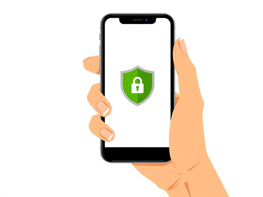 Illustration d'une main tenant un smartphone affichant un bouclier de sécurité, symbolisant la protection des données et la confidentialité.