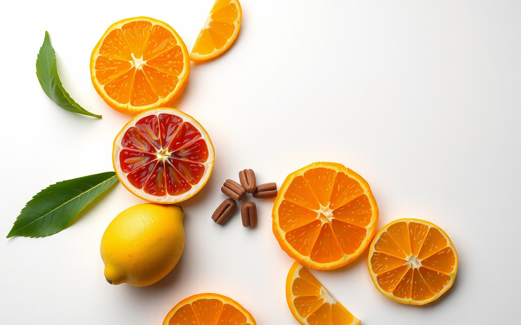 Flacon de vitamine D3 avec un citron et des rayons de soleil